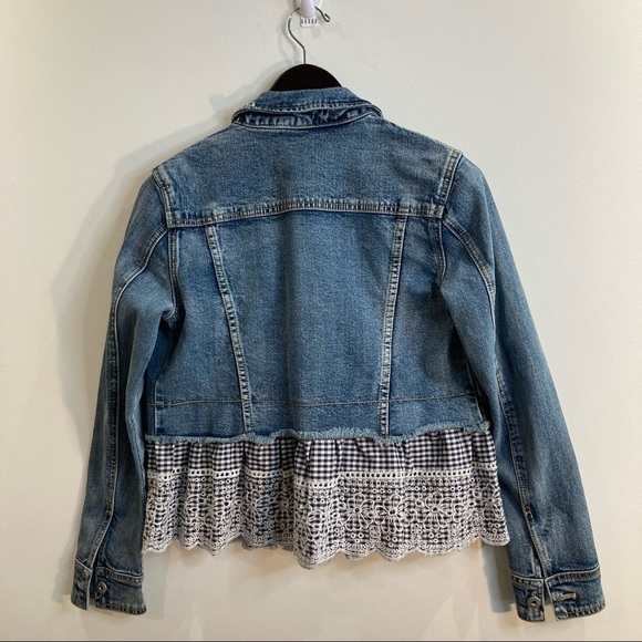 PILCRO & THE LETTERPRESS Sz S Denim Trucker Jacket with Gingham Embroidered - Picture 4 of 10